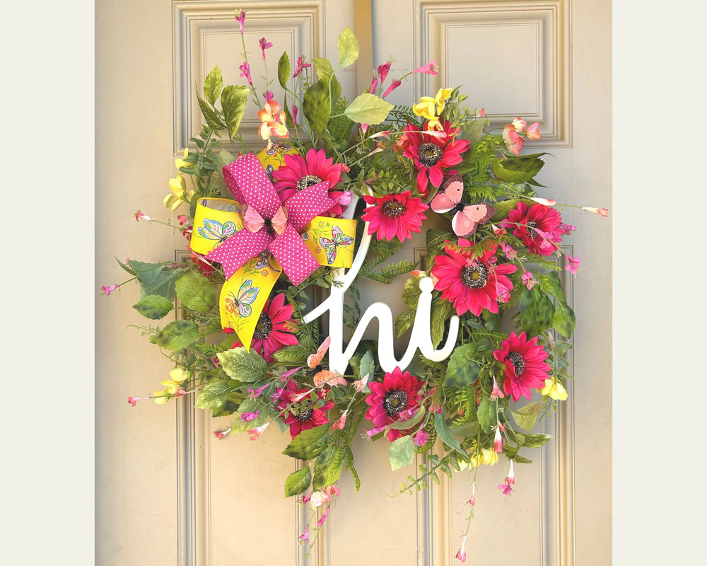 Everyday Farmhouse floral hi wreath for front door, Housewarming door hanger, Fl